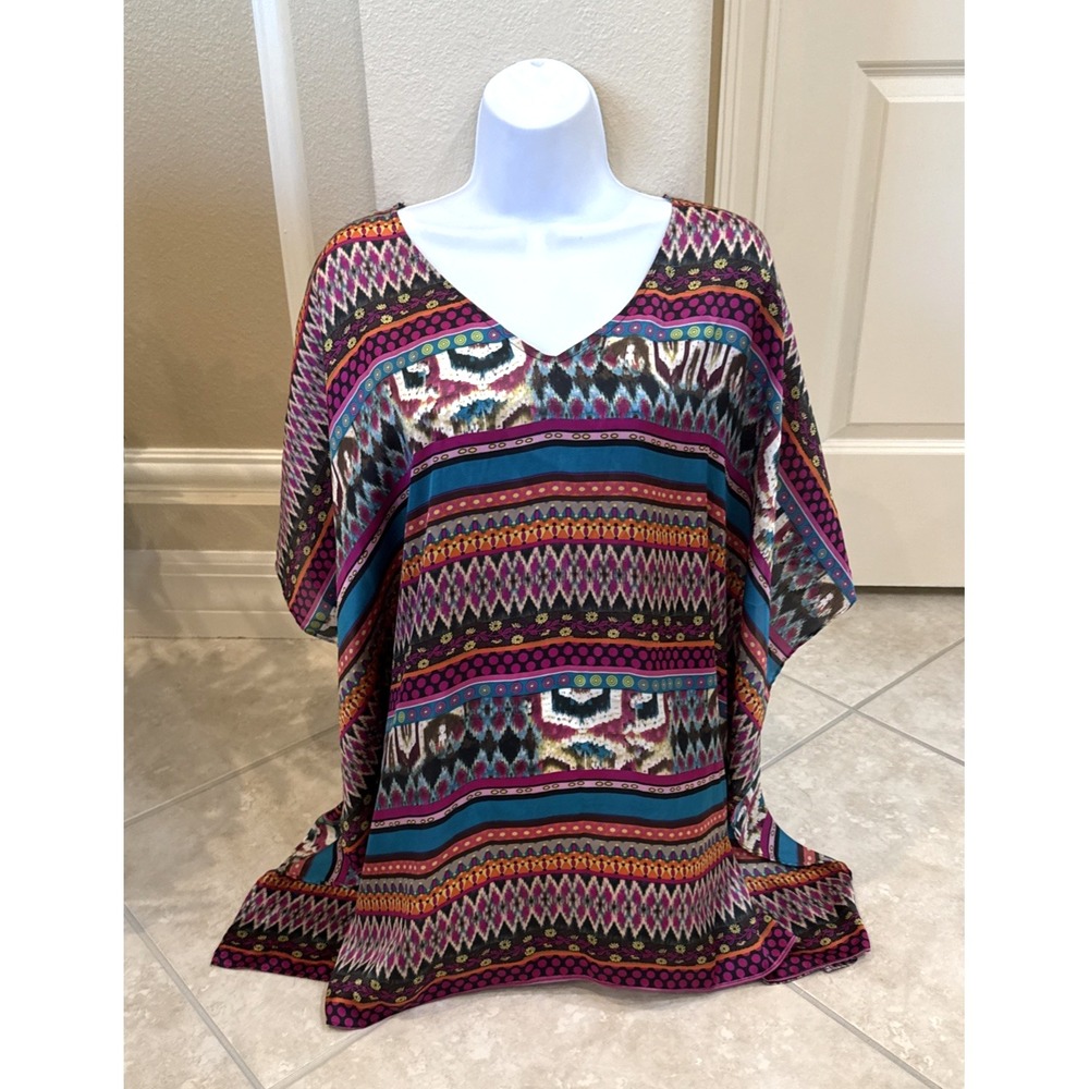 Chicos Multi Color Geometric Ikat Kaftan V-Neck Top S/M SP134134
